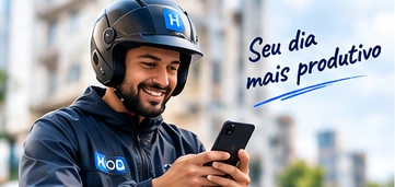 Entregador autônomo com moto visualizando aplicativo no celular com a anotação Seu dia mais produtivo