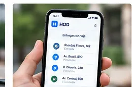 Smartphone com o aplicativo HOD exibindo lista de encomendas a entregar