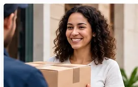Cliente feliz recebendo pacote de entrega em domicílio